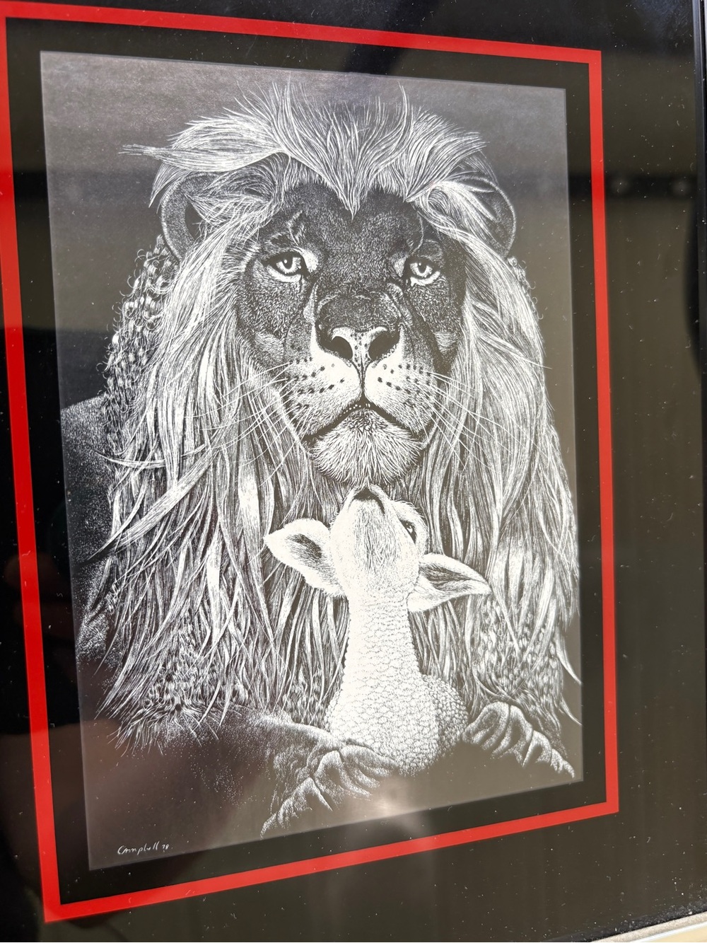 VTG 1978 Campbell Framed Etched Print Lion Lamb Faith Peace Artwork Picture